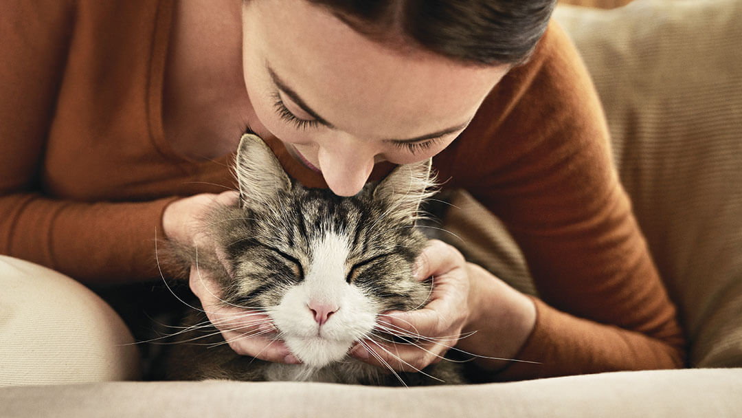 Vrouw leunt naar voren naar de kat voor een kus