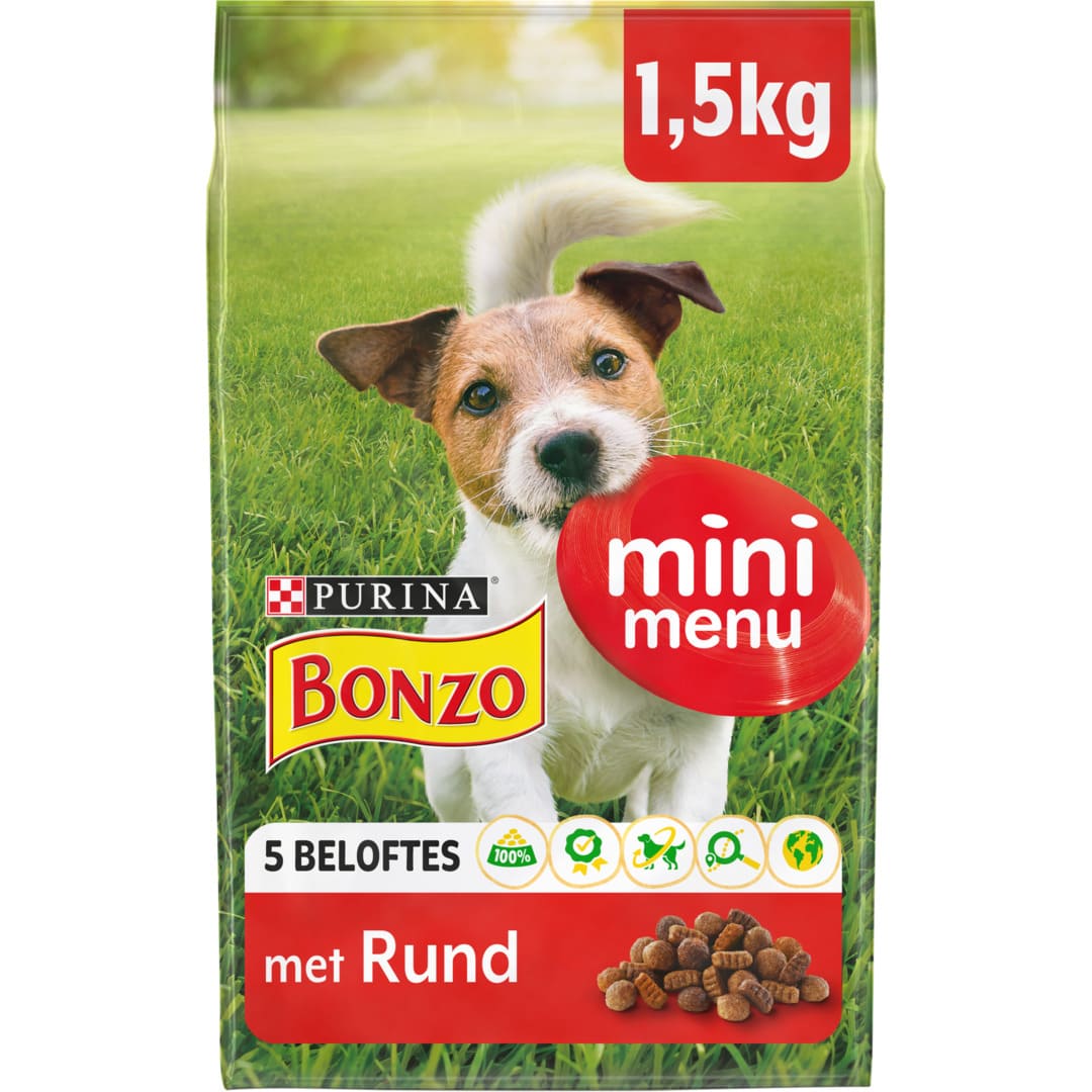 teugels Rechtsaf Fabrikant BONZO® hondenbrokken: Mini Menu Rund | Purina