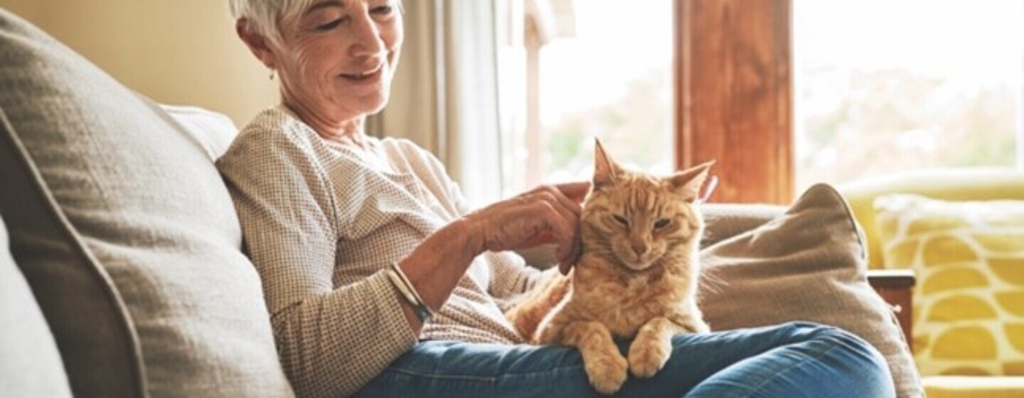 Een vrouw met een kat op de bank