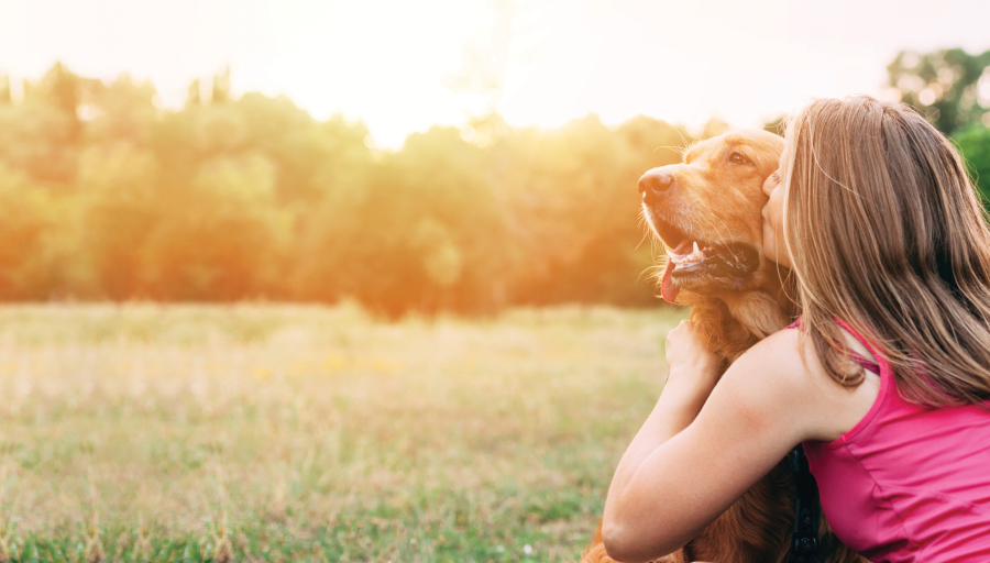 Vrouw zat met haar hond buiten in een veld en kuste zijn gezicht