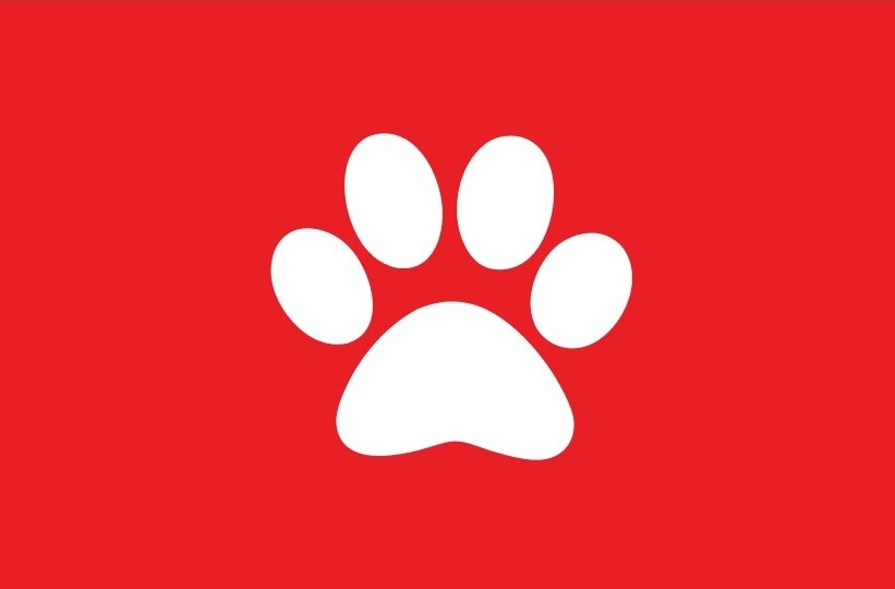 Purina geeft om huisdieren logo met een witte poot op een rode achtergrond