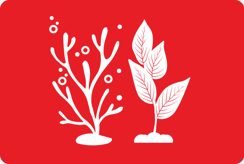 duurzaamheidslogo met witte planten op een rode achtergrond