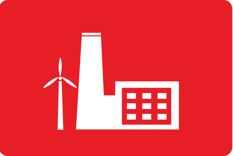 Logo met witte fabriek op een rode achtergrond