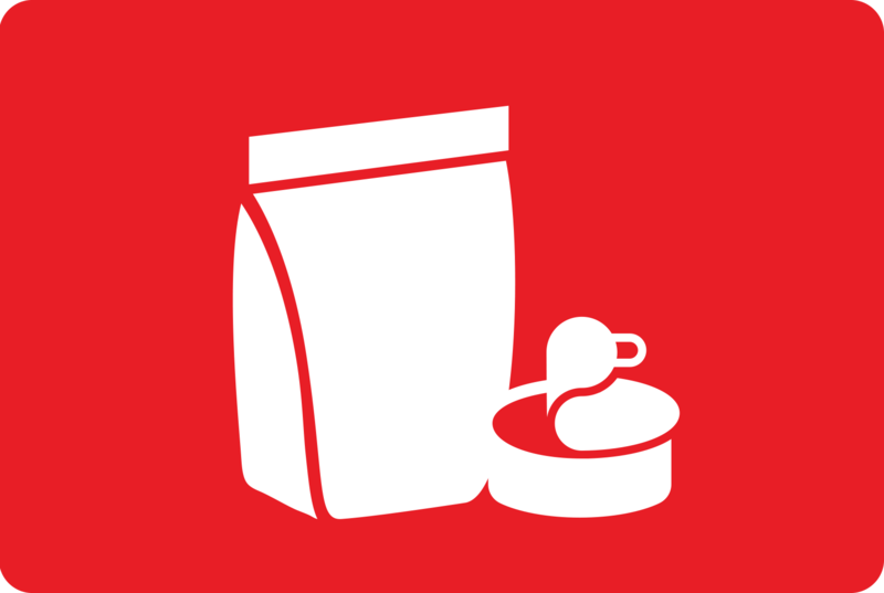 logo met witte diervoeding verpakking op een rode achtergrond