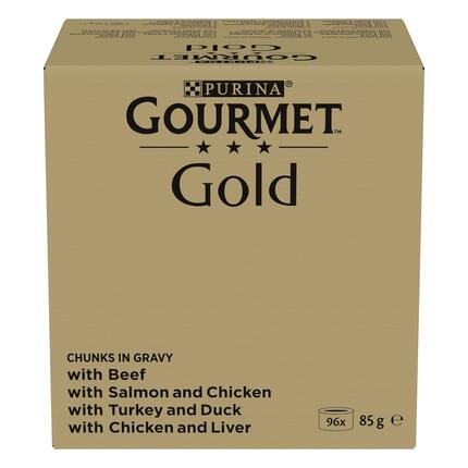 GOURMET™ Gold Fijne Hapjes in Saus met Rund, met Kip en Lever, met Zalm en Kip, met Kalkoen en Eend  kattenvoer nat