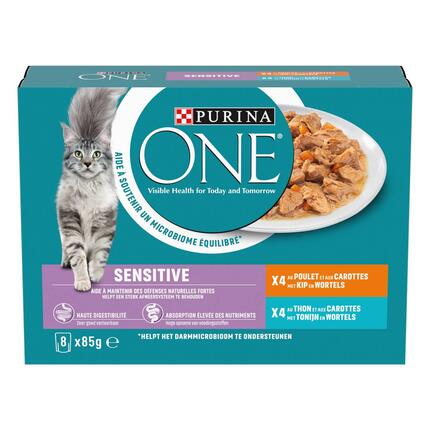 Purina ONE® Sensitive Fijne Malse Reepjes in Saus met Kip en Tonijn natvoer voor katten 8x85g