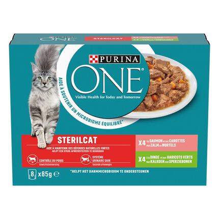 Purina ONE® Sterilcat Fijne Malse Reepjes in Saus met Zalm en Kalkoen natvoer voor katten 8x85g