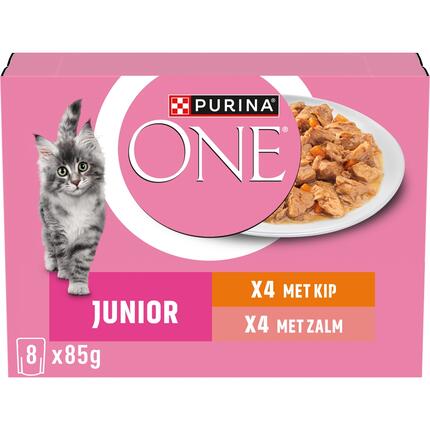 Purina ONE® Junior Fijne Malse Reepjes in Saus met Kip en Zalm natvoer voor katten 8x85g