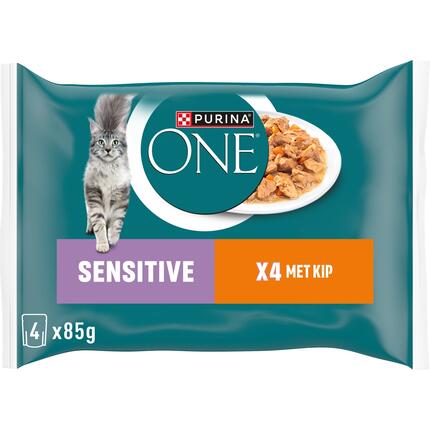 Purina ONE® Sensitive Fijne Malse Reepjes in Saus met Kip natvoer voor katten 4x85g