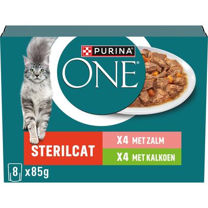 Purina ONE® Sterilcat Fijne Malse Reepjes in Saus met Zalm en Kalkoen natvoer voor katten 8x85g