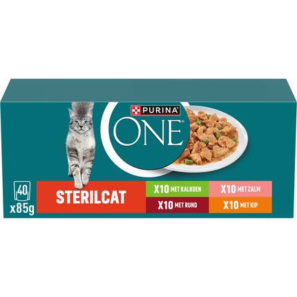Purina ONE® Sterilcat Fijne Malse Reepjes in Saus met Zalm, Kalkoen, Rund en Kip natvoer voor katten 40x85g