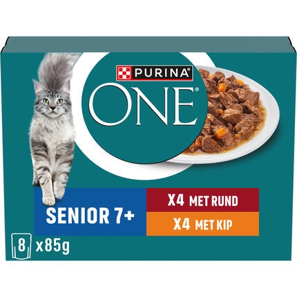 PURINA ONE® Senior 7+ Fijne Malse Reepjes in Saus met Kip en Rund in saus natvoer voor katten 8x85g