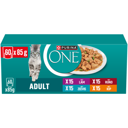 PURINA ONE® Adult Fijne Malse Reepjes in Saus met Lam, Zeevis, Rund en Kip natvoer voor katten 60x85g