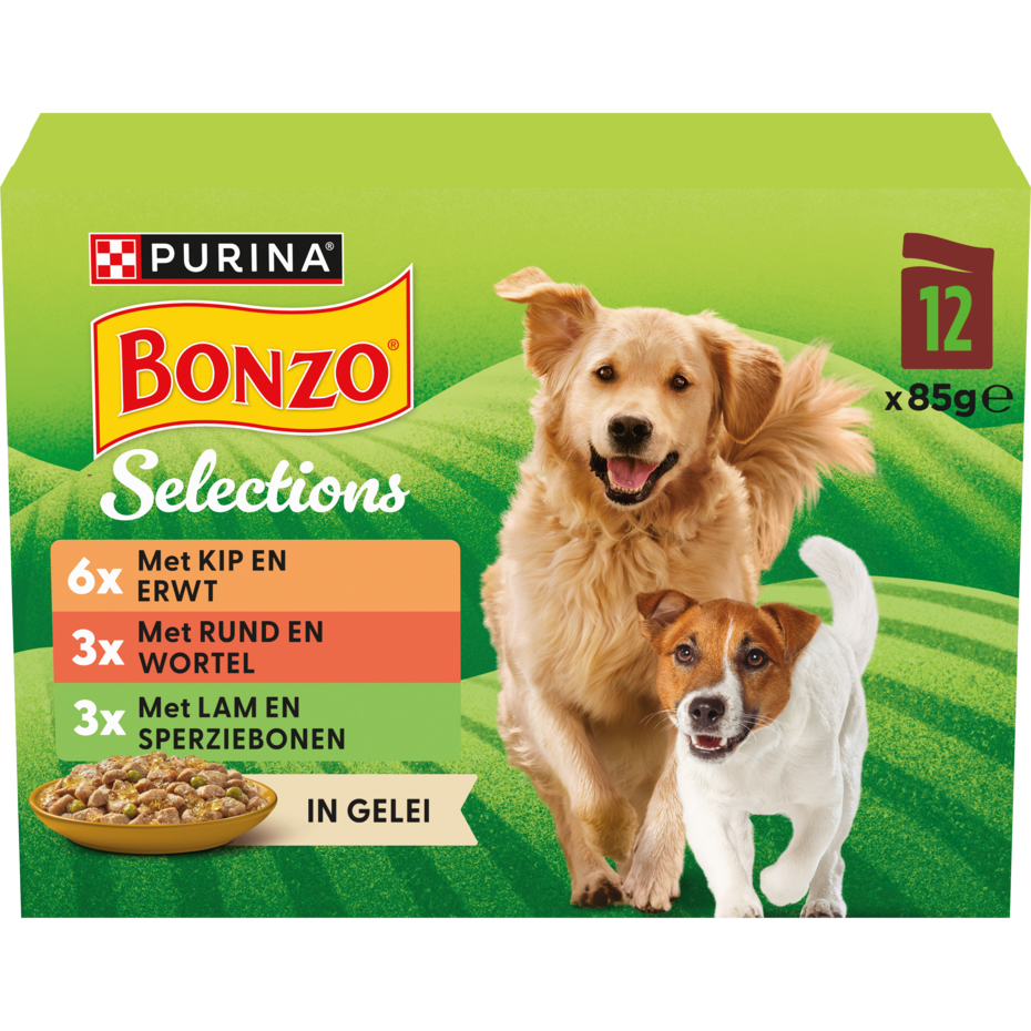 BONZO® Selections met Rund, Kip of Lam in Gelei natvoer