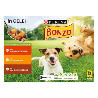 Bonzo natvoer maaltijdzakje Rund Kip Lam Gelei vooraanzicht