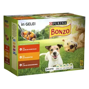Bonzo natvoer maaltijdzakje Rund Kip Lam Gelei voorzijde