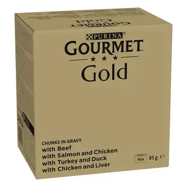 GOURMET™ Gold Fijne Hapjes in Saus met Rund, met Kip en Lever, met Zalm en Kip, met Kalkoen en Eend kattenvoer nat