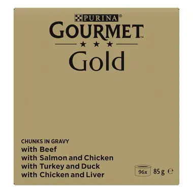 GOURMET™ Gold Fijne Hapjes in Saus met Rund, met Kip en Lever, met Zalm en Kip, met Kalkoen en Eend kattenvoer nat