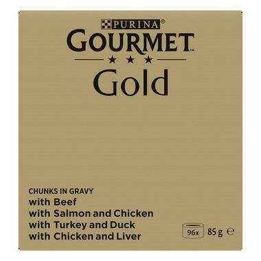 GOURMET™ Gold Fijne Hapjes in Saus met Rund, met Kip en Lever, met Zalm en Kip, met Kalkoen en Eend  kattenvoer nat
