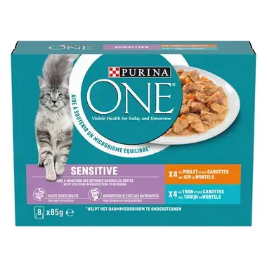 Purina ONE® Sensitive Fijne Malse Reepjes in Saus met Kip en Tonijn natvoer voor katten 8x85g