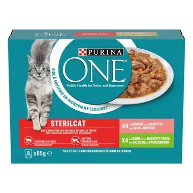 Purina ONE® Sterilcat Fijne Malse Reepjes in Saus met Zalm en Kalkoen natvoer voor katten 8x85g