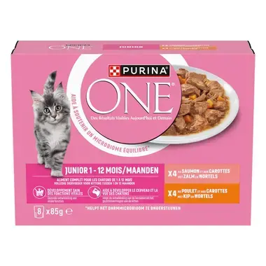 Purina ONE® Junior Fijne Malse Reepjes in Saus met Kip en Zalm natvoer voor katten 8x85g