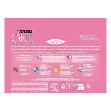 Purina ONE® Junior Fijne Malse Reepjes in Saus met Kip en Zalm natvoer voor katten 8x85g