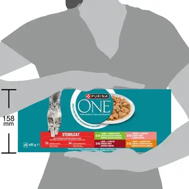 Purina ONE® Sterilcat Fijne Malse Reepjes in Saus met Zalm, Kalkoen, Rund en Kip natvoer voor katten 40x85g