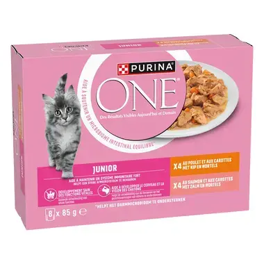 Purina ONE® Junior Fijne Malse Reepjes in Saus met Kip en Zalm natvoer voor katten 8x85g