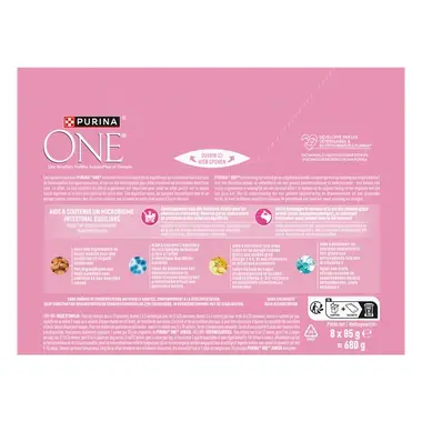 Purina ONE® Junior Fijne Malse Reepjes in Saus met Kip en Zalm natvoer voor katten 8x85g