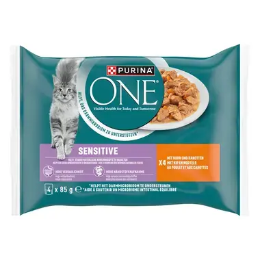 Purina ONE® Sensitive Fijne Malse Reepjes in Saus met Kip natvoer voor katten 4x85g