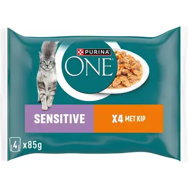 Purina ONE® Sensitive Fijne Malse Reepjes in Saus met Kip natvoer voor katten 4x85g