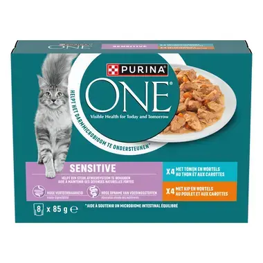 Purina ONE® Sensitive Fijne Malse Reepjes in Saus met Kip en Tonijn natvoer voor katten 8x85g
