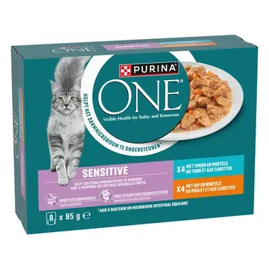 Purina ONE® Sensitive Fijne Malse Reepjes in Saus met Kip en Tonijn natvoer voor katten 8x85g