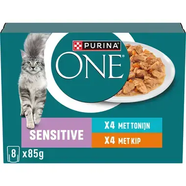 Purina ONE® Sensitive Fijne Malse Reepjes in Saus met Kip en Tonijn natvoer voor katten 8x85g