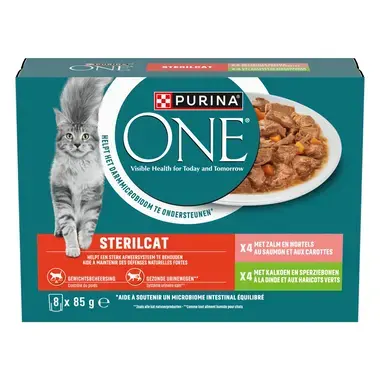 Purina ONE® Sterilcat Fijne Malse Reepjes in Saus met Zalm en Kalkoen natvoer voor katten 8x85g
