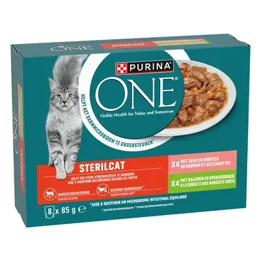 Purina ONE® Sterilcat Fijne Malse Reepjes in Saus met Zalm en Kalkoen natvoer voor katten 8x85g