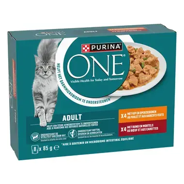PURINA ONE® Adult Malse Reepjes in Saus met Kip natvoer voor katten 8x85g
