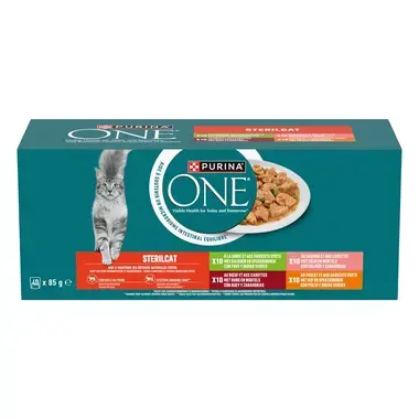Purina ONE® Sterilcat Fijne Malse Reepjes in Saus met Zalm, Kalkoen, Rund en Kip natvoer voor katten 40x85g