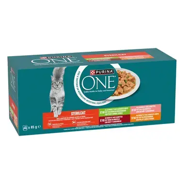 Purina ONE® Sterilcat Fijne Malse Reepjes in Saus met Zalm, Kalkoen, Rund en Kip natvoer voor katten 40x85g
