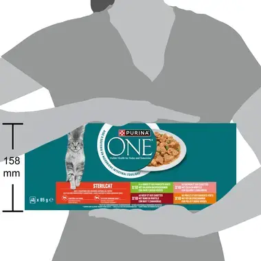 Purina ONE® Sterilcat Fijne Malse Reepjes in Saus met Zalm, Kalkoen, Rund en Kip natvoer voor katten 40x85g