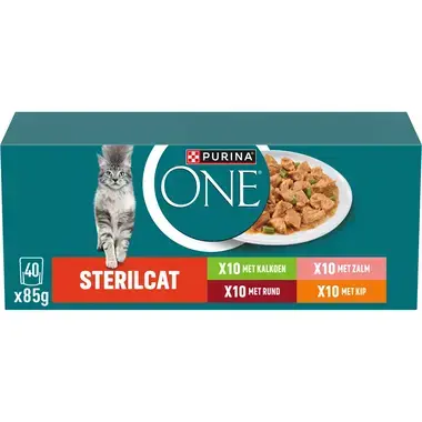 Purina ONE® Sterilcat Fijne Malse Reepjes in Saus met Zalm, Kalkoen, Rund en Kip natvoer voor katten 40x85g