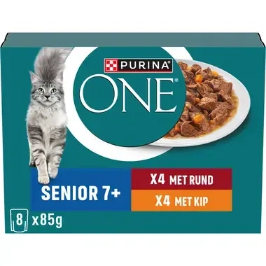 PURINA ONE® Senior 7+ Fijne Malse Reepjes in Saus met Kip en Rund in saus natvoer voor katten 8x85g