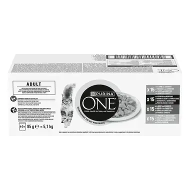 PURINA® ONE® ADULT Fijne Malse Reepjes in Saus met Lam, Zeevis, Rund en Kip kattenvoer nat 60x85g