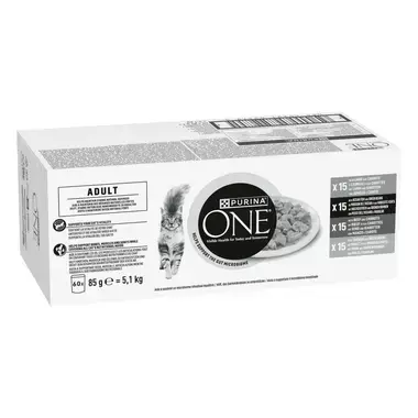 PURINA® ONE® ADULT Fijne Malse Reepjes in Saus met Lam, Zeevis, Rund en Kip kattenvoer nat 60x85g