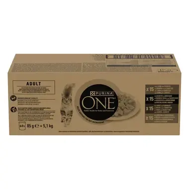 PURINA ONE® Adult Fijne Malse Reepjes in Saus met Lam, Zeevis, Rund en Kip natvoer voor katten 60x85g