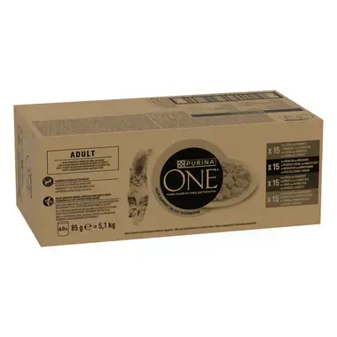 PURINA ONE® Adult Fijne Malse Reepjes in Saus met Lam, Zeevis, Rund en Kip natvoer voor katten 60x85g