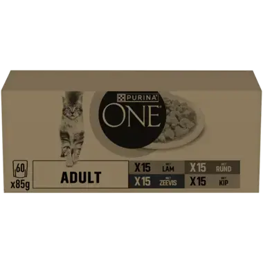 PURINA ONE® Adult Fijne Malse Reepjes in Saus met Lam, Zeevis, Rund en Kip natvoer voor katten 60x85g
