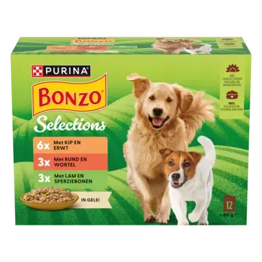BONZO® Selections met Rund, Kip of Lam in Gelei natvoer