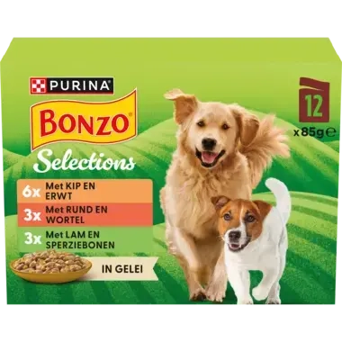 BONZO® Selections met Rund, Kip of Lam in Gelei natvoer